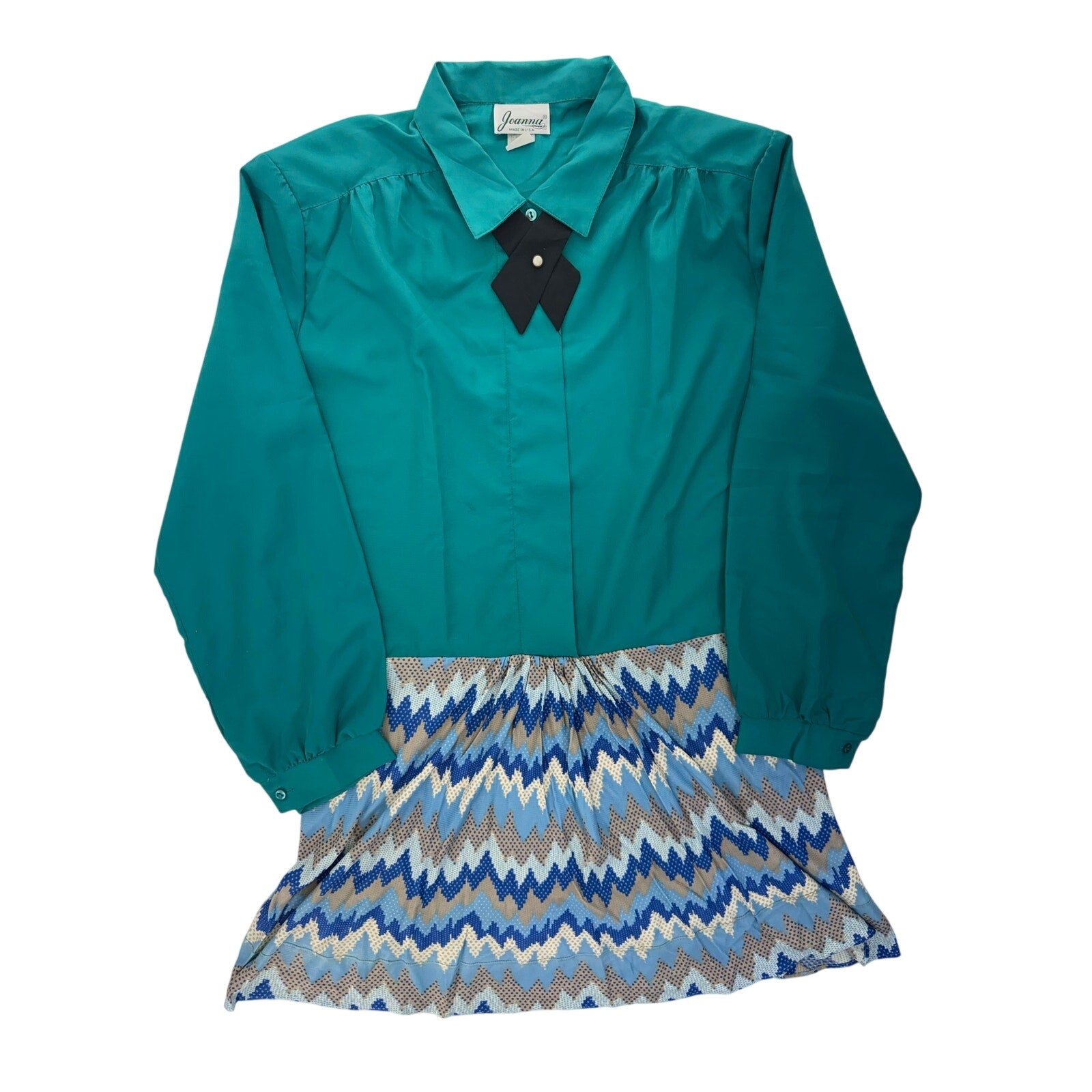Vintage 80s Joanna Turquoise Shirt Dress Mini Long Sleeve USA Women's 22