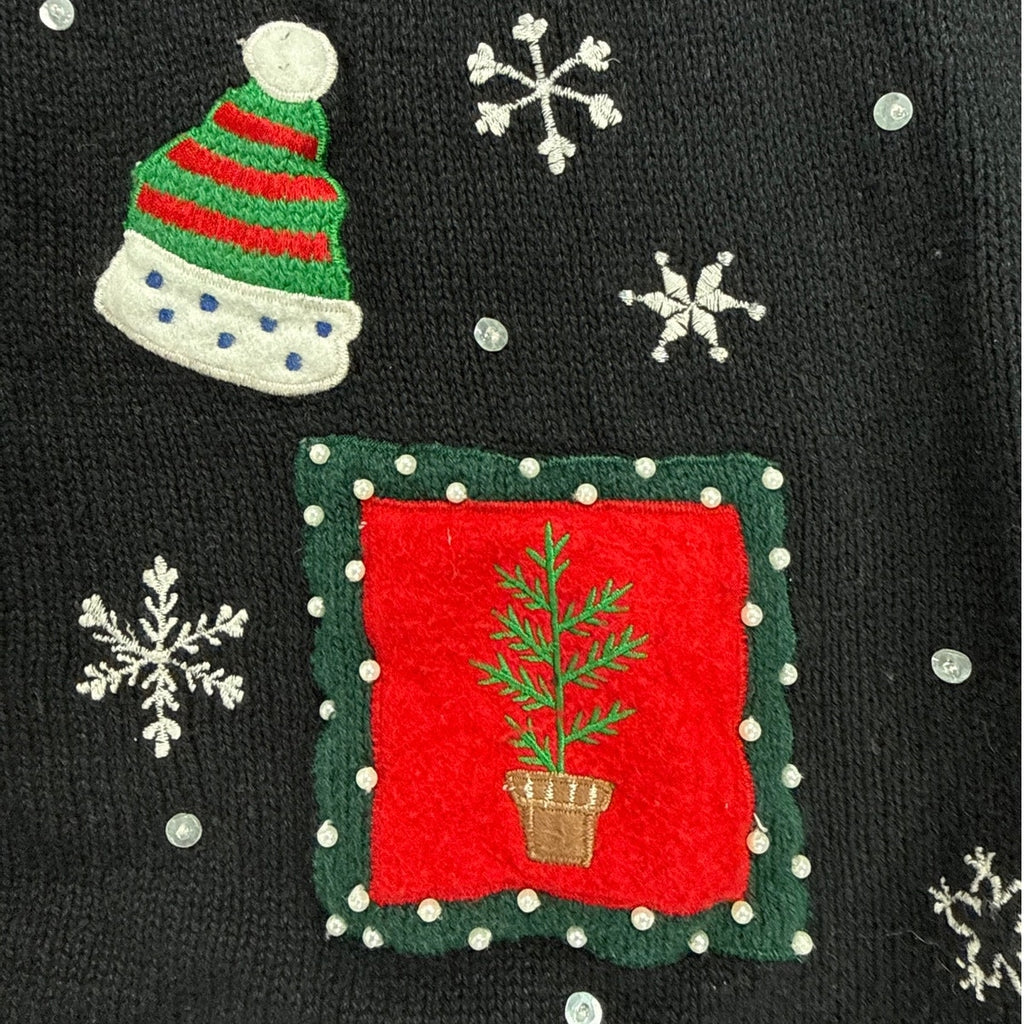 Vintage 80s Basic Editions Black Snowman Christmas Cardigan Sweater Medium