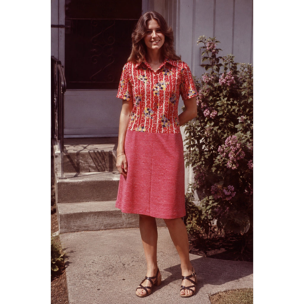 Vintage 70s Orange Red Floral Polyester Knit Drop Waist Shirt Dress Small/Medium
