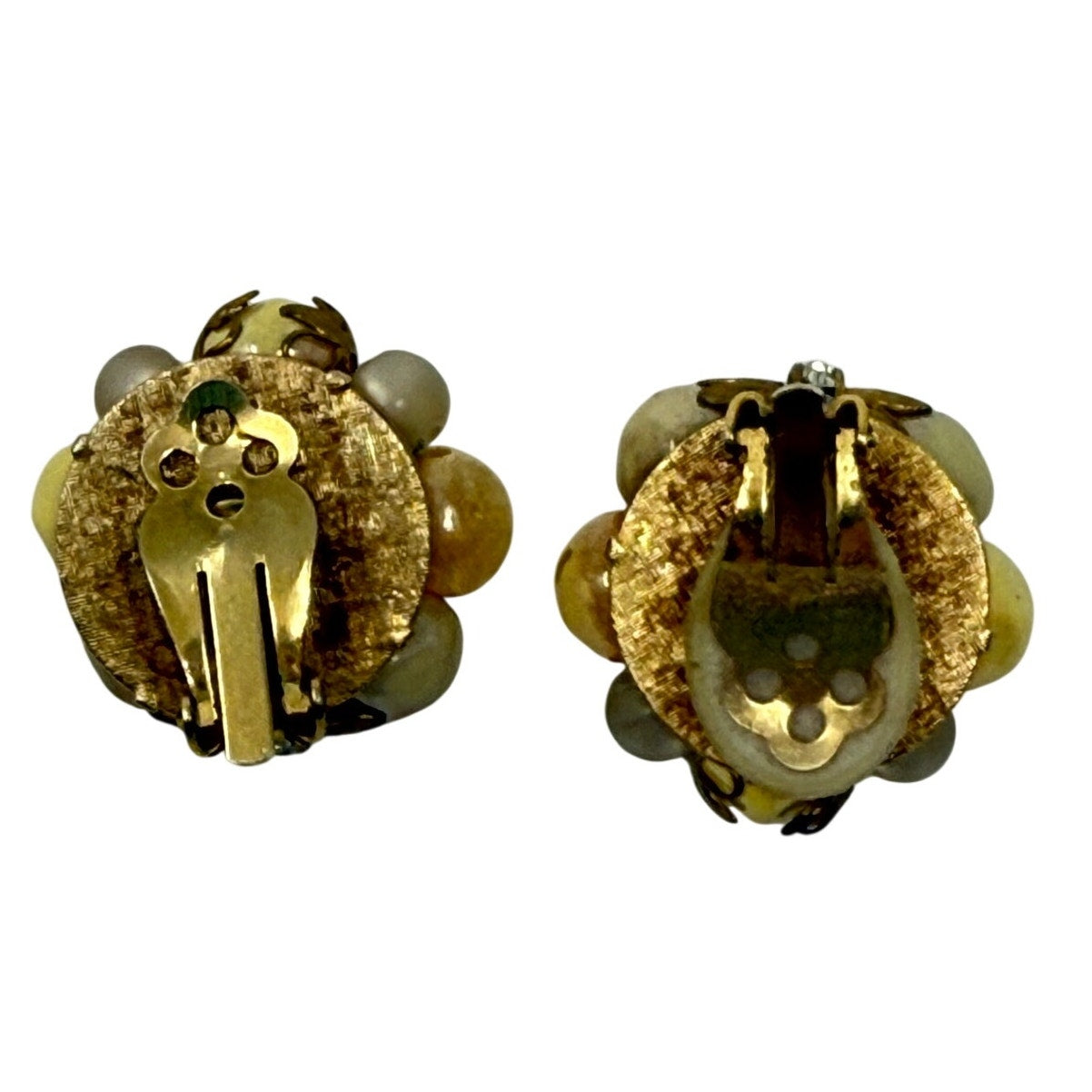 Vintage 60s Gold Tone Beaded Clip On Earrings Iridescent Retro