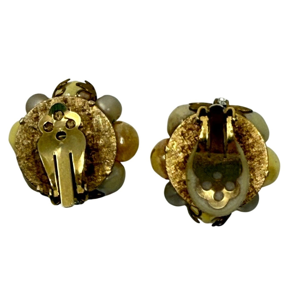 Vintage 60s Gold Tone Beaded Clip On Earrings Iridescent Retro
