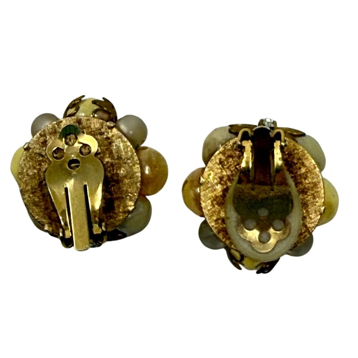 Vintage 60s Gold Tone Beaded Clip On Earrings Iridescent Retro