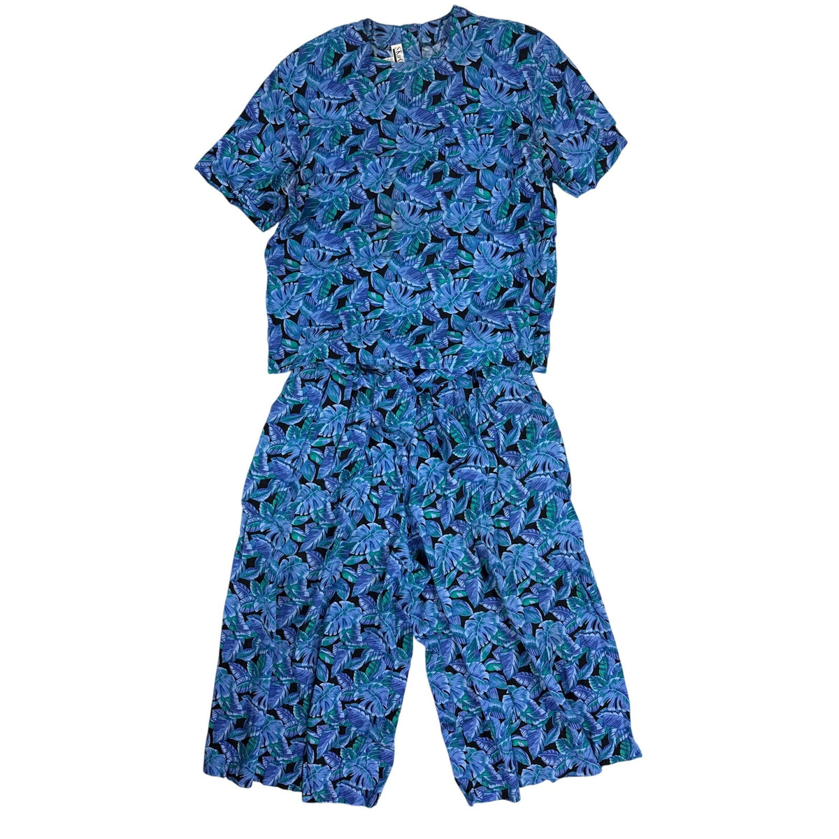 Vintage 80s SK Co Blue Rayon Palazzo Pants and Blouse Set Women's Large