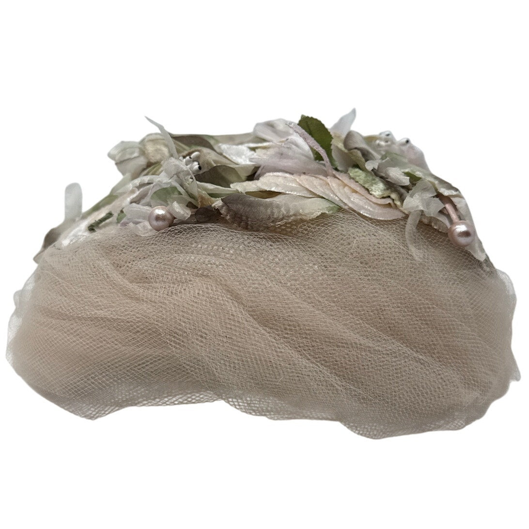 Vintage 1950s Ivory Floral Turban Hat with Tulle & Netting