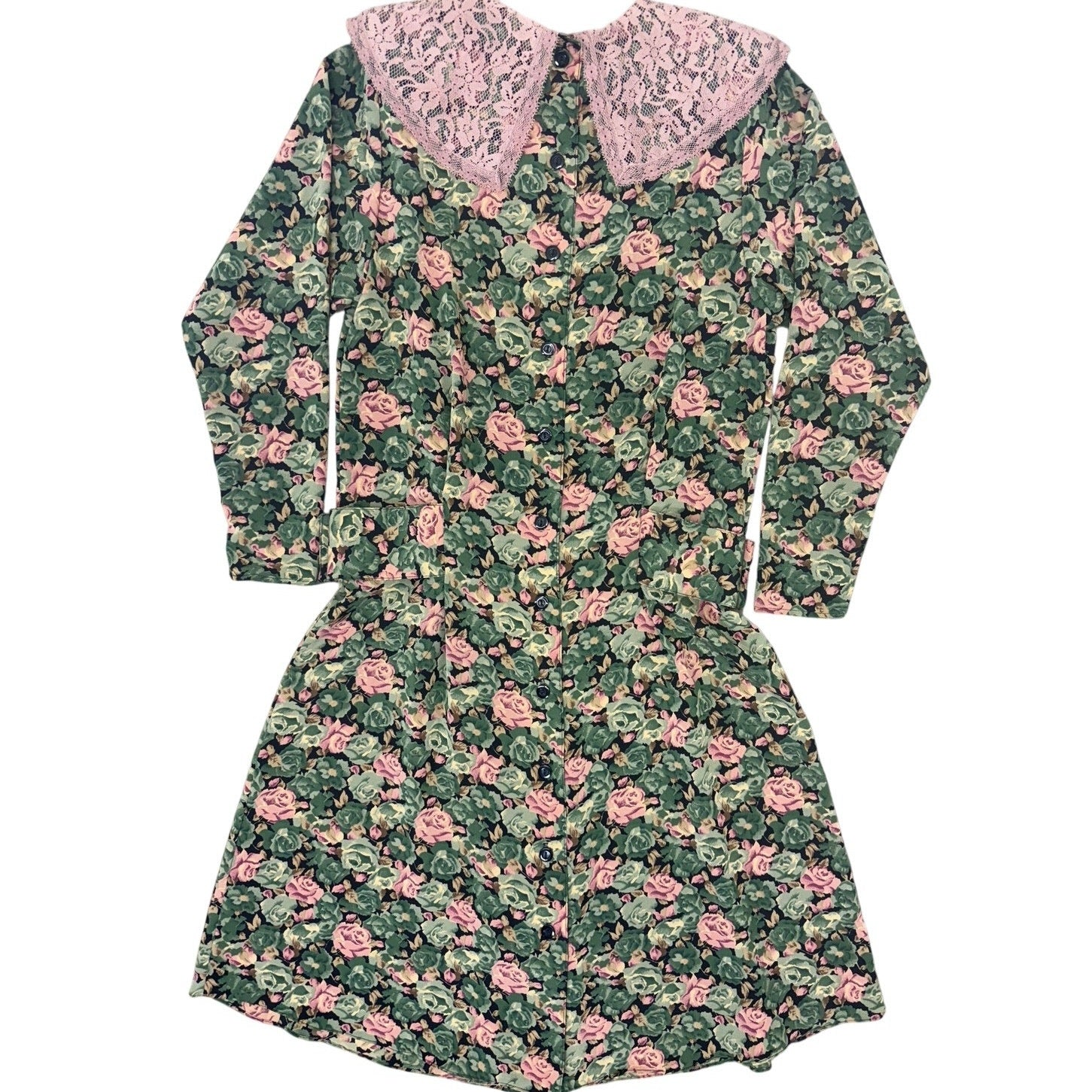 Vintage 80s Mindy Malone Floral Rayon Midi Dress Lace Collar Women's 4