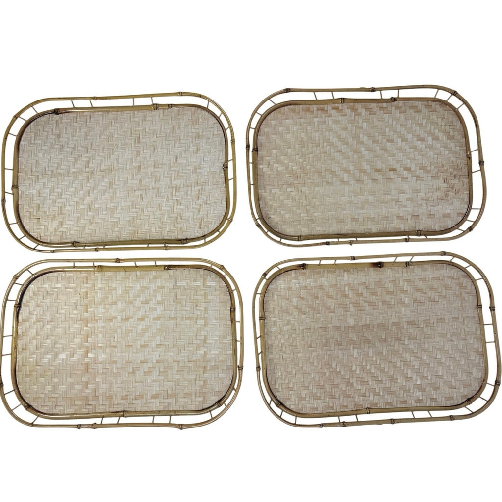 Vintage 1970s Bamboo Rattan Woven Serving Trays Set of 4 Taiwan