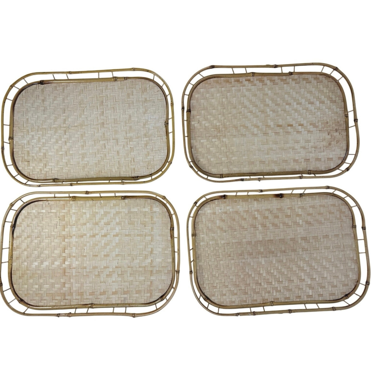 Vintage 1970s Bamboo Rattan Woven Serving Trays Set of 4 Taiwan