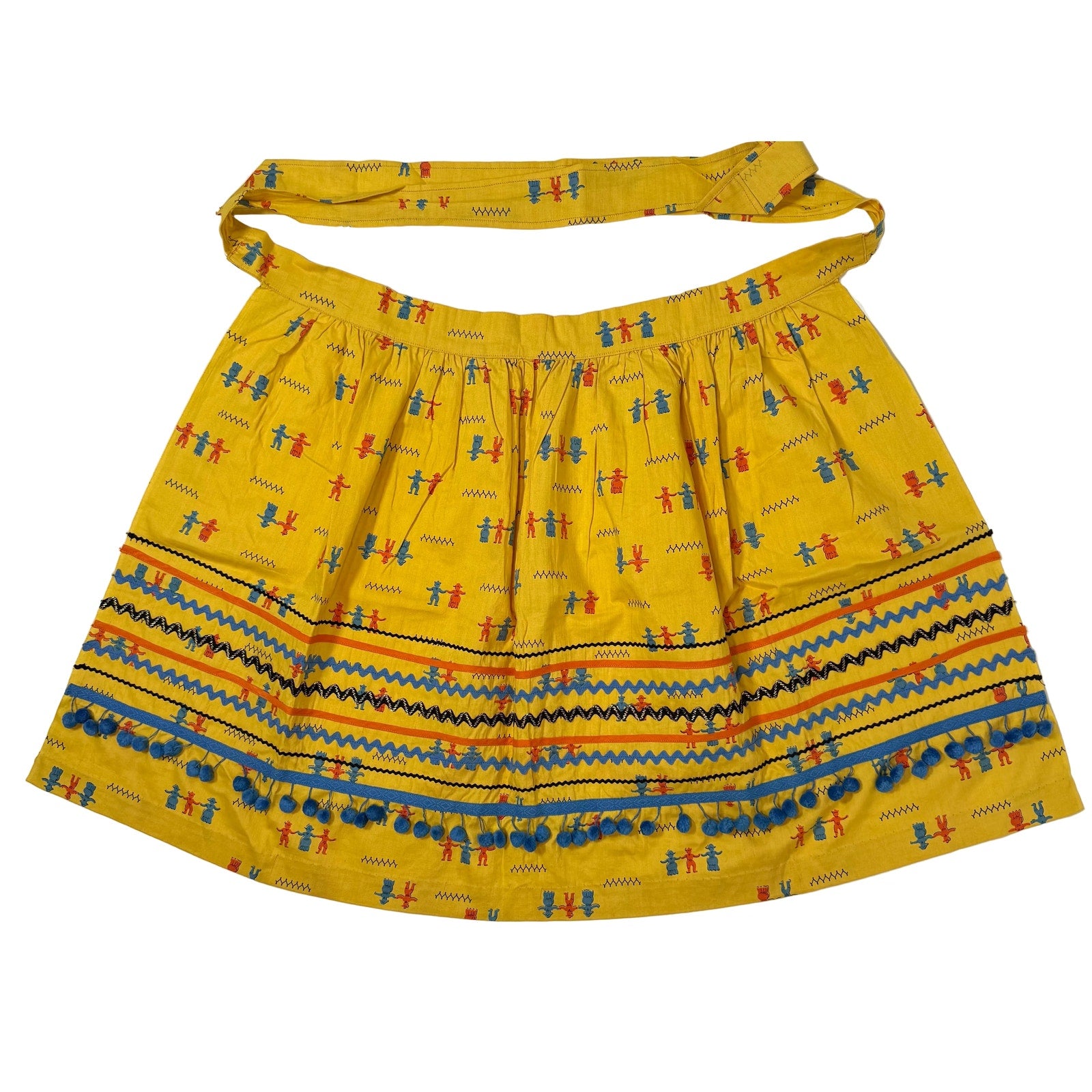 Vintage 60s Waist Apron Yellow Dutch Folk Print Pom Pom Lined