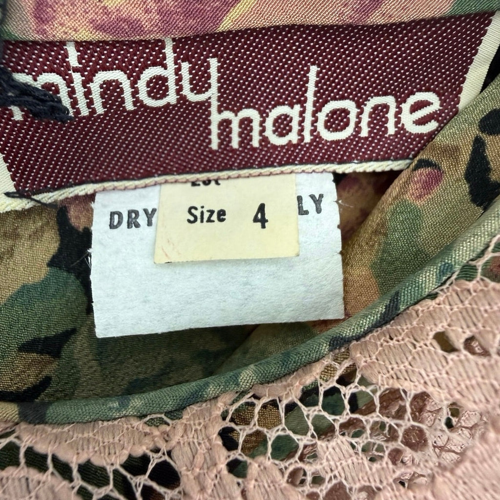 Vintage 80s Mindy Malone Floral Rayon Midi Dress Lace Collar Women's 4