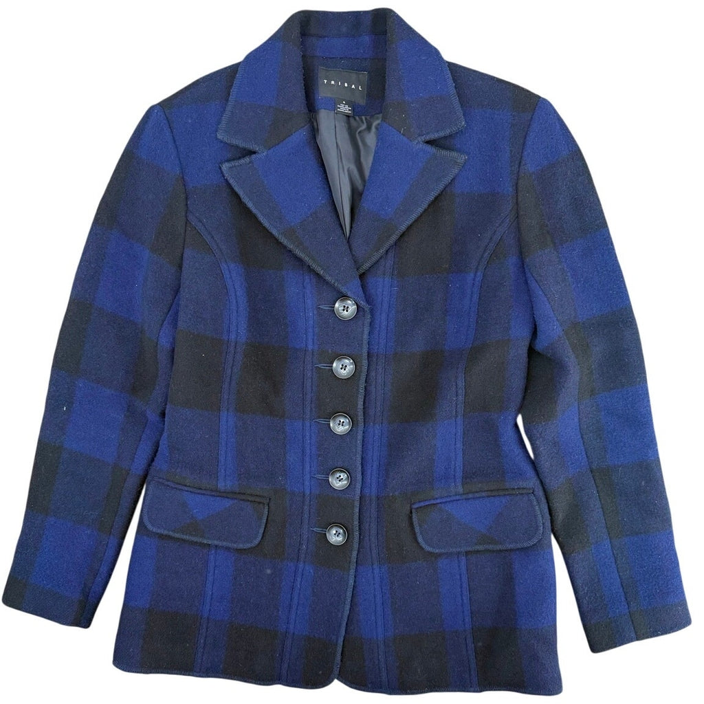 Tribal Women's 4 Blue Plaid Wool Blend Blazer Jacket Button Front Medium