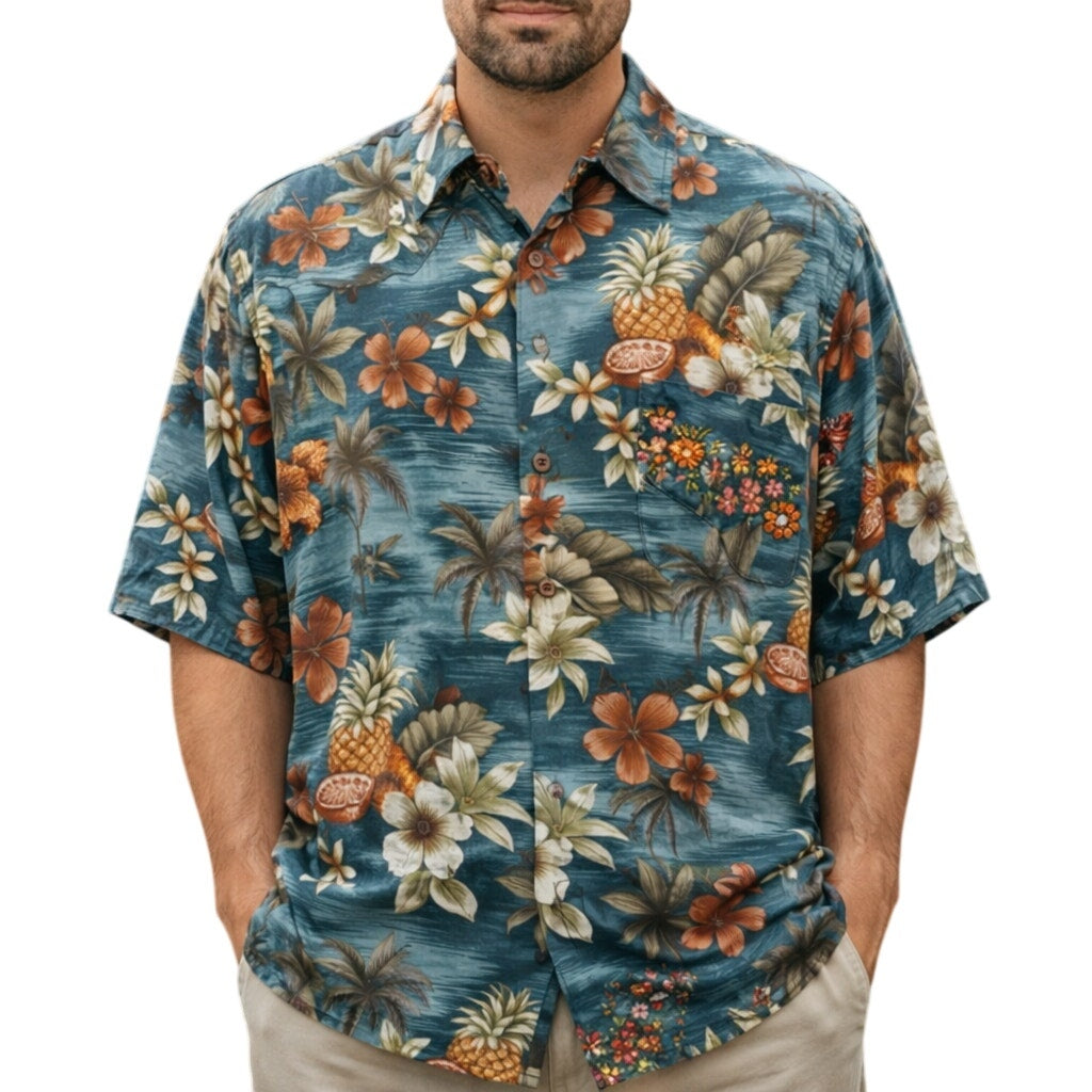 Vintage 80s Hawaiian Shirt Men's Medium Button Down Campia Rayon Pineapple