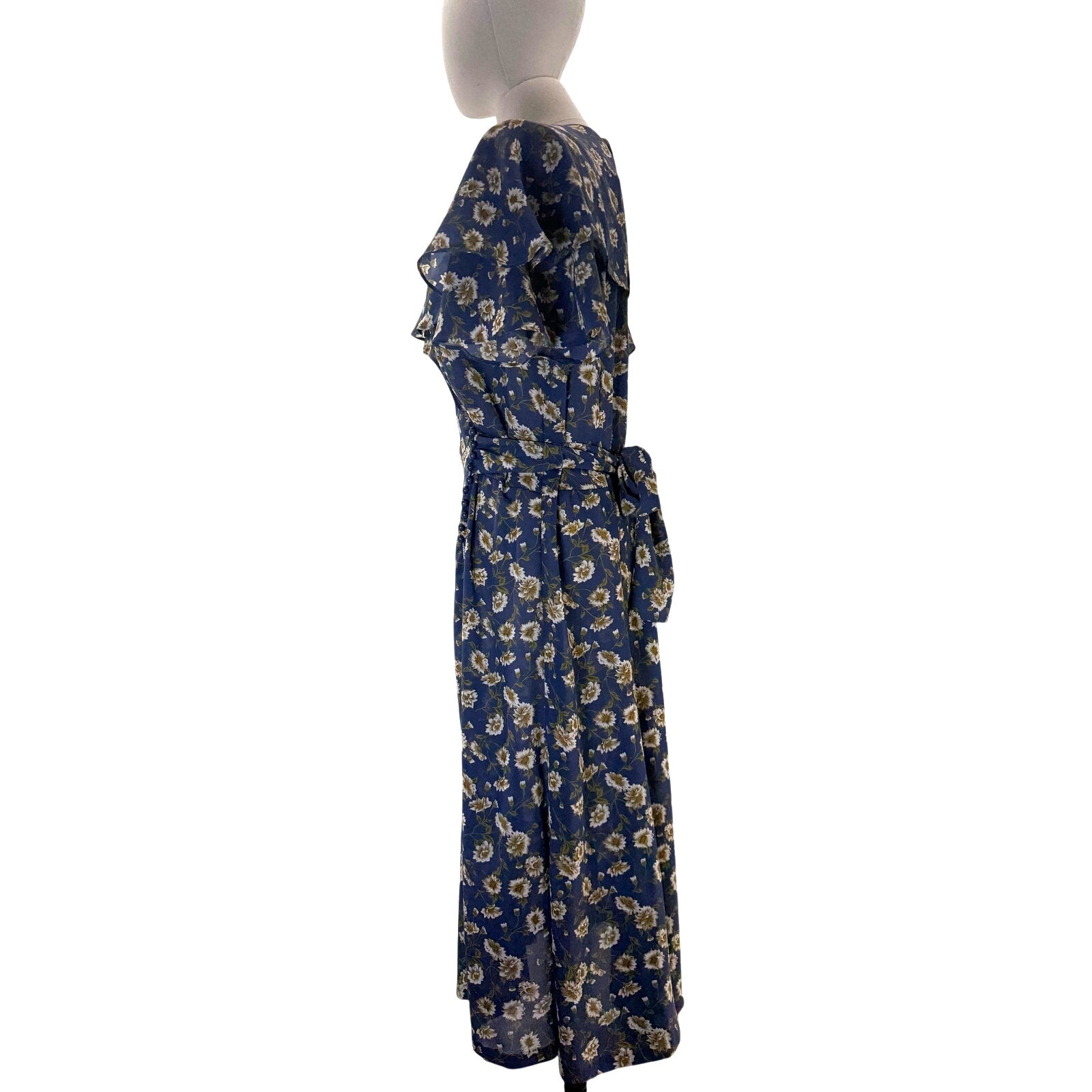 Vintage 80s Kristy Michaels Blue Floral Midi Dress Tie Waist A-Line Women's 12
