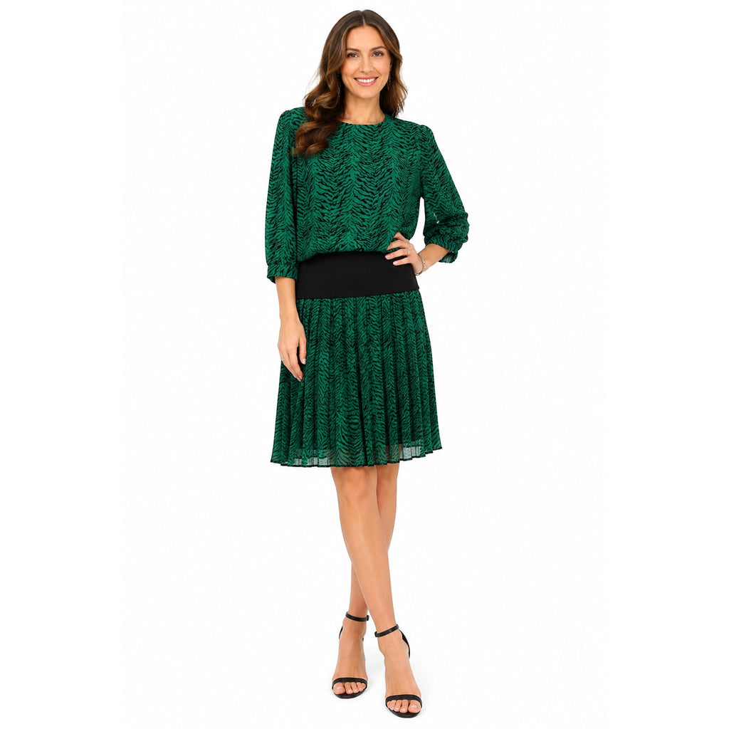 Vintage 1980s VLP Green Black Animal Print Peplum Midi Dress Size 8