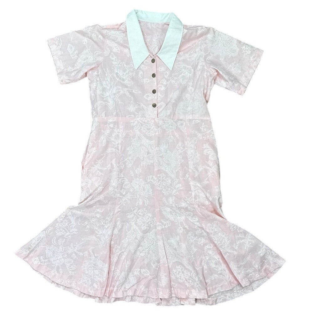 Vintage 80s Handmade Pink Floral White Collar A-Line Midi Dress XL