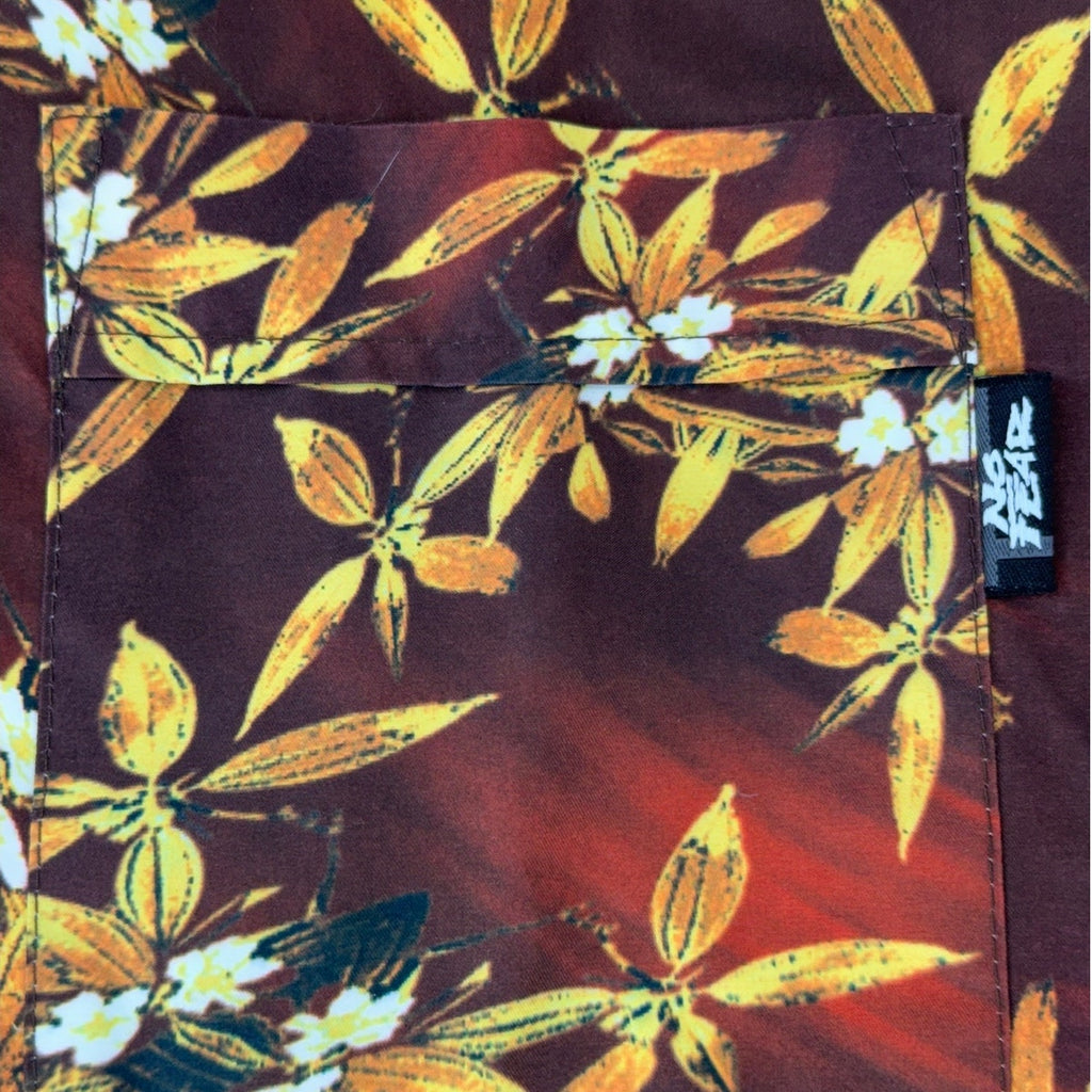 Vintage 90s No Fear Hawaiian Shirt Mens XL Brown Floral Nylon Camp Shirt