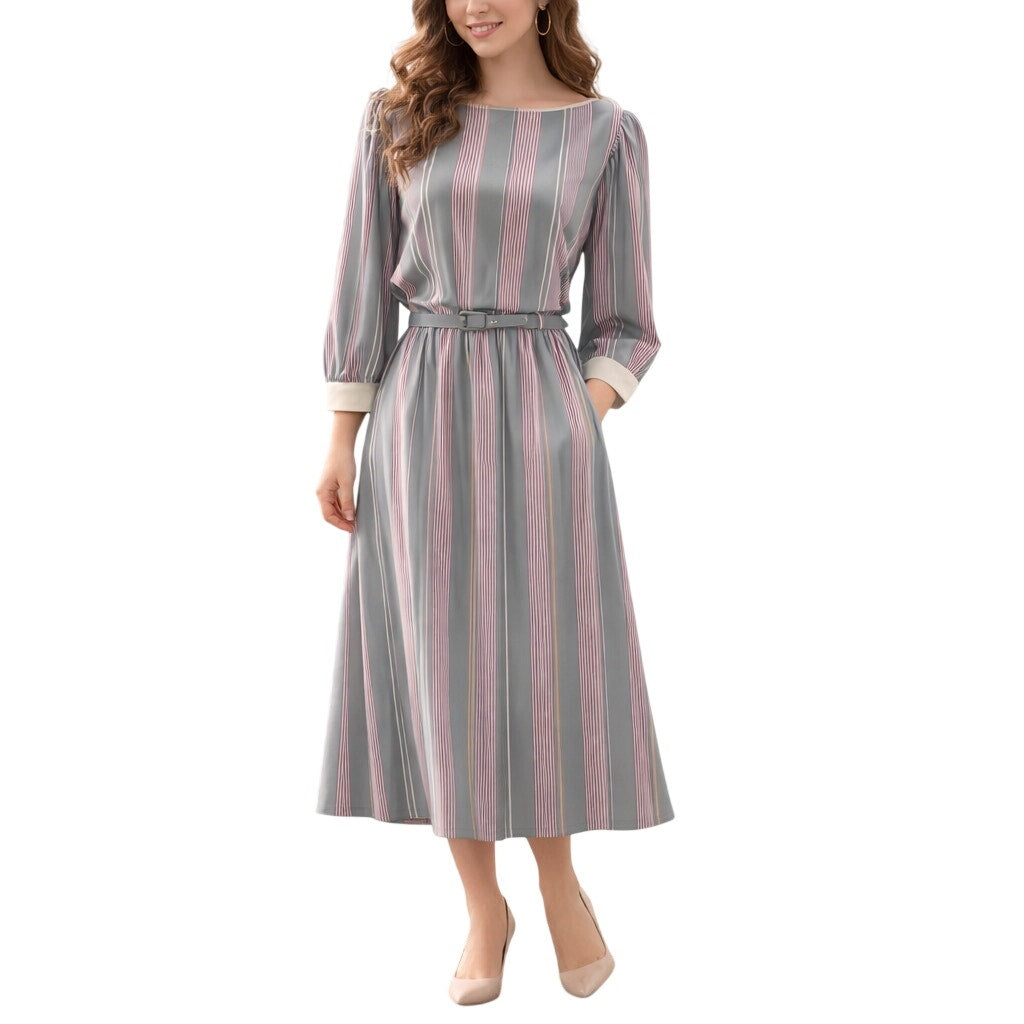 Vintage 80s Women's 11/12 Belted Midi Dress JCPenney Pink Blue Stripes