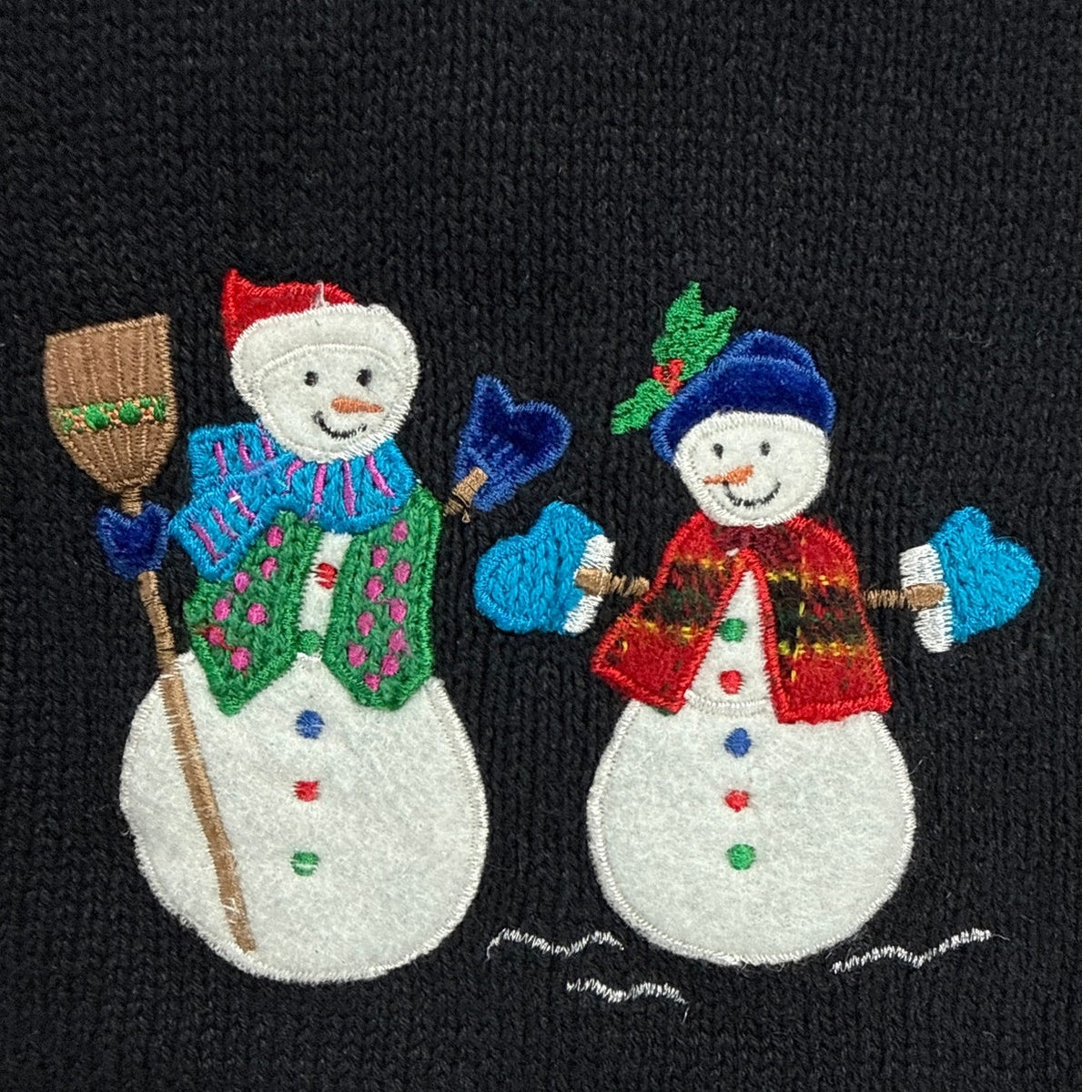 Vintage 80s Basic Editions Black Snowman Christmas Cardigan Sweater Medium