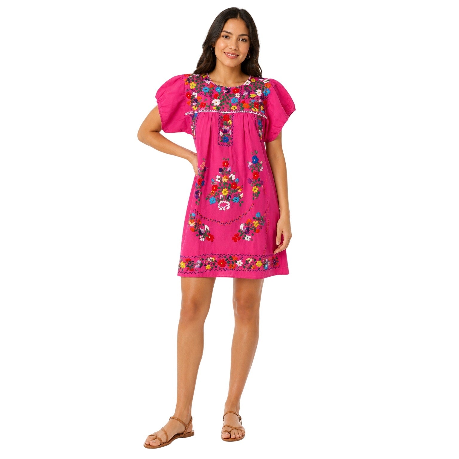 Vintage 80s Pink Embroidered Mexican Peasant Mini Dress Floral Women's Medium