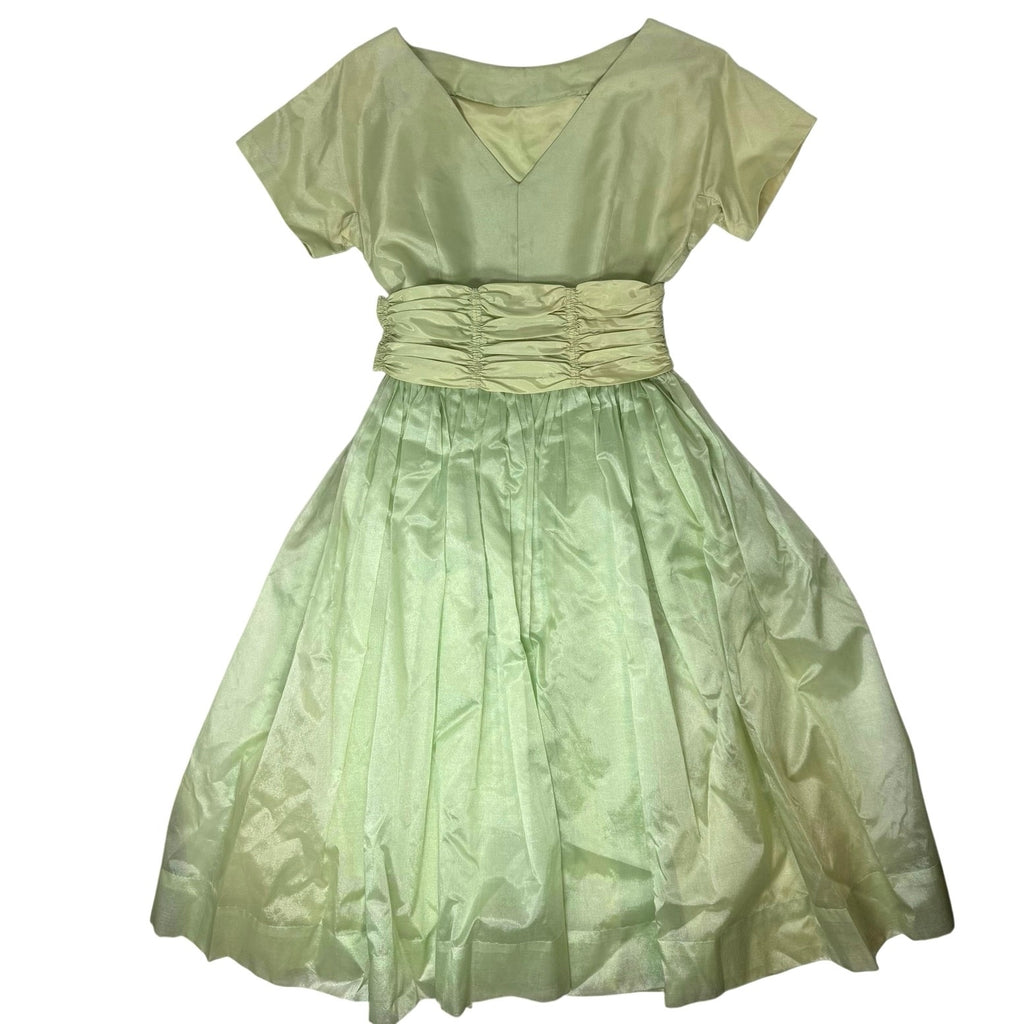 Vintage 50s Midi Formal Dress Mint Green Satin Cummerbund Women's Small