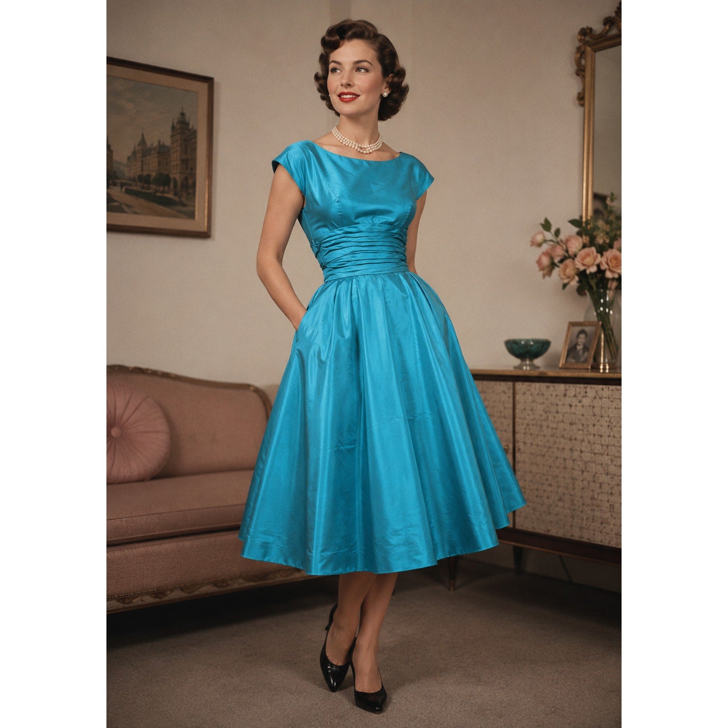 Vintage 50s Blue Cocktail Dress Lipman's Back Bow Floral Detail Women's XS