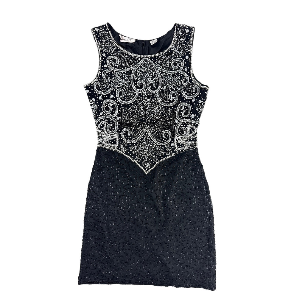 Vintage 80s Lawrence Kazar Black Beaded Silk Sheath Dress Women's Small