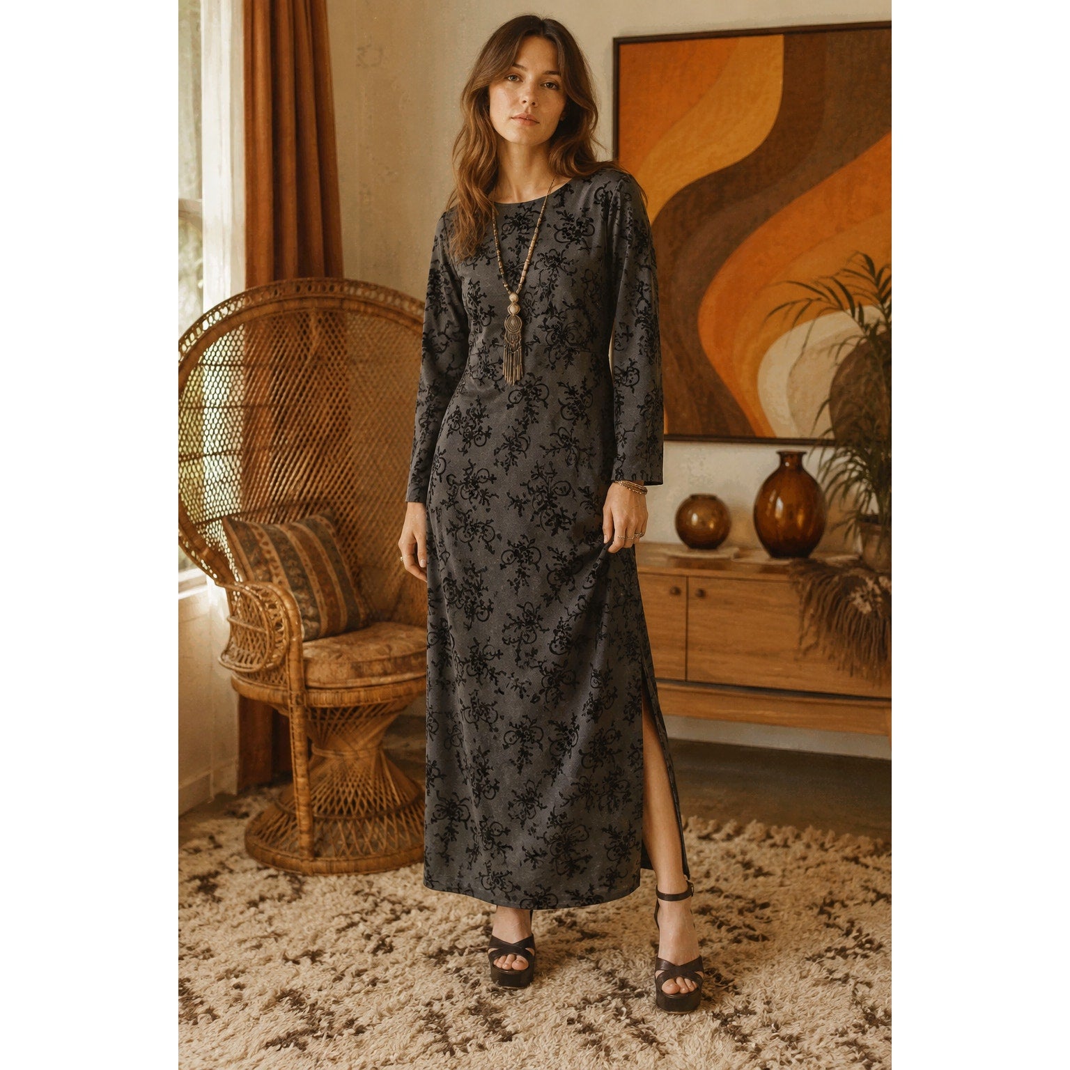 1970s Gray Max Dress with Velvet Black Women's 6 Match Made in USA