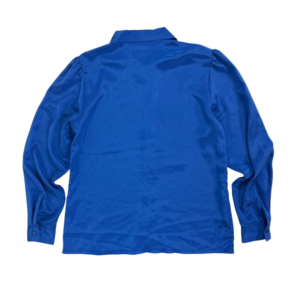 Vintage 70s Koret Career Cobalt Blue Tie Neck Blouse Womens Medium