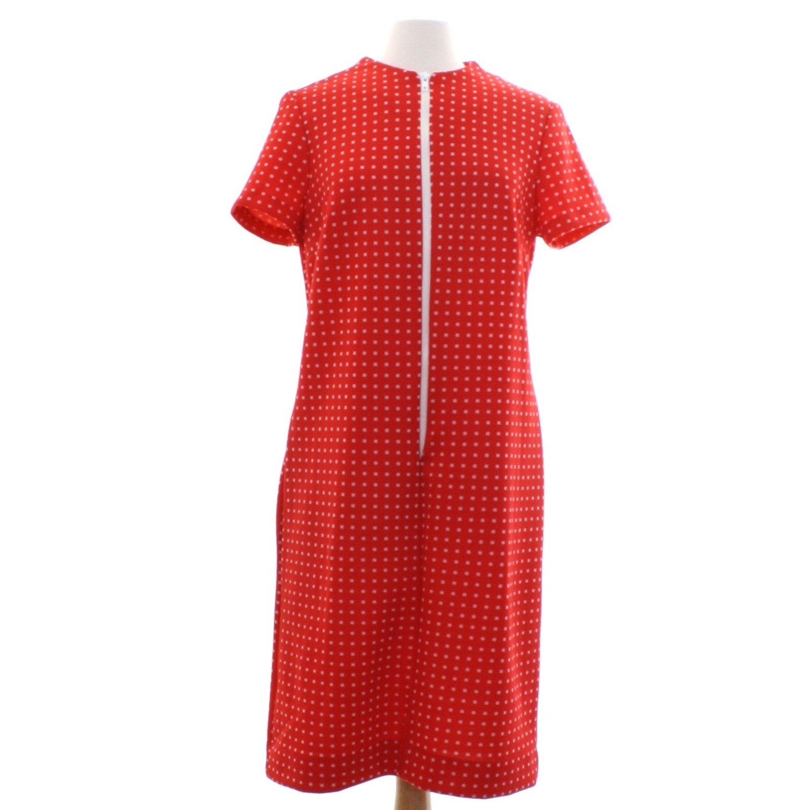 Vintage 70s Flutterbye Red Zip Front Mod Shift Dress Womens S/M 38 Bust