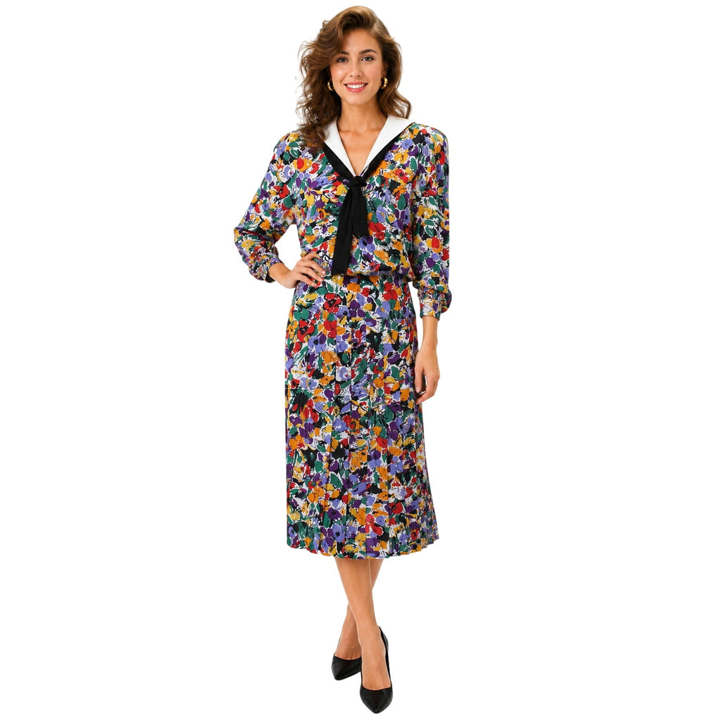 Vintage 80s Joan Martin Floral Midi Dress Scarf Tie Pleated Women's Small