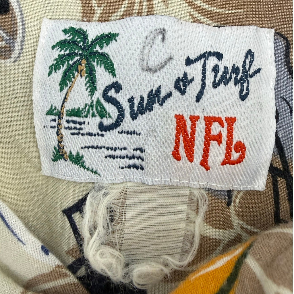Vintage 90s Sun & Turf NFL Helmet Print Rayon Hawaiian Camp Shirt Men's XXL