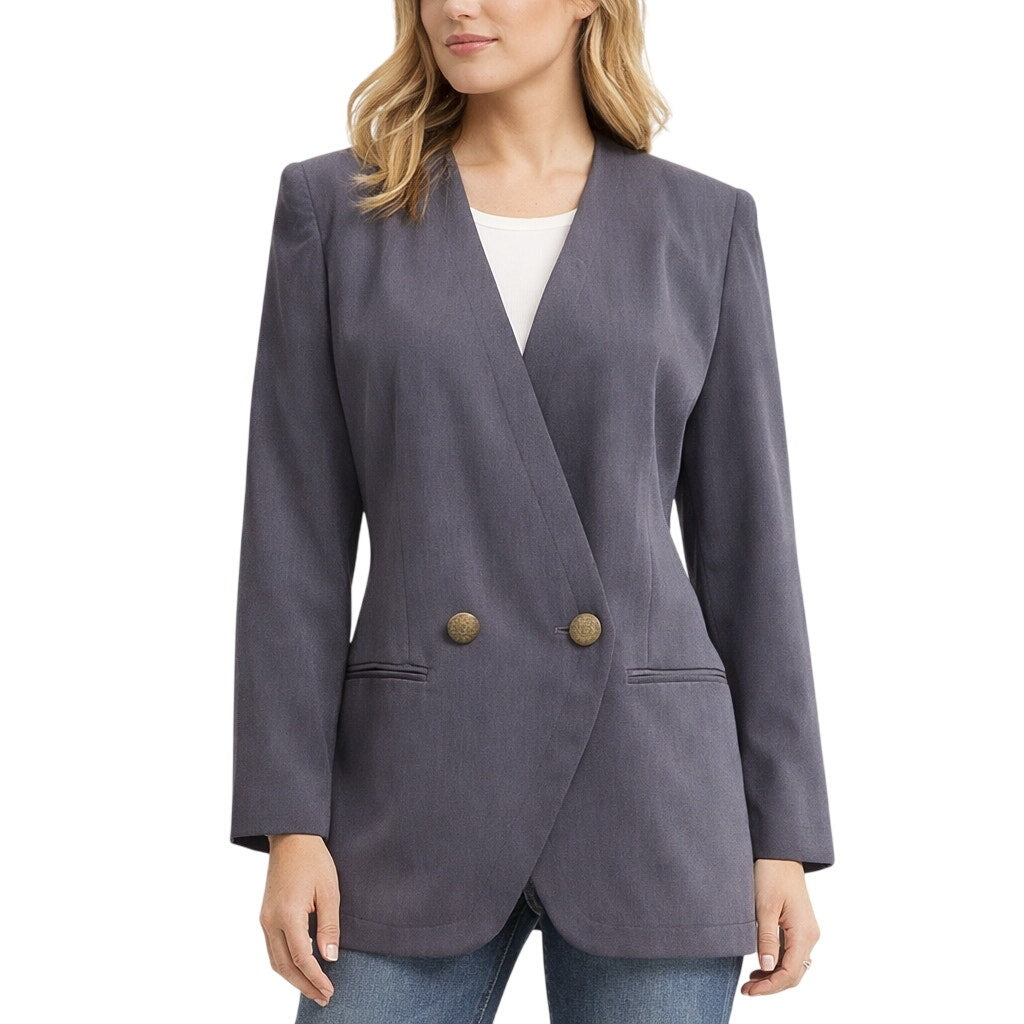 Vintage 90s Purple Gray Blazer Jacket Lined Career Karen Scott Petites Women's 4