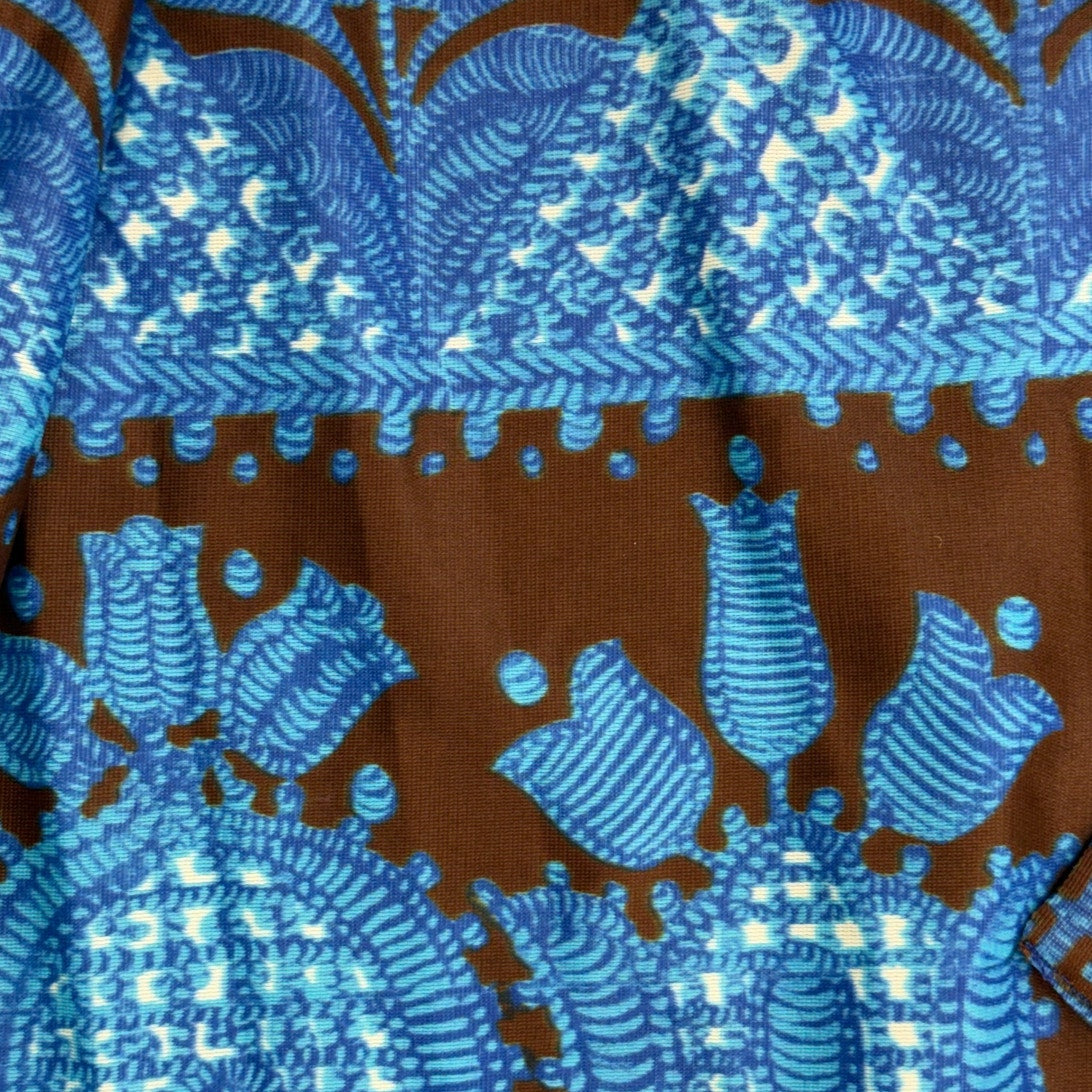 Vintage 60s Women's Medium Berkshire Blue Fleur De Lis Tricot Dress Tie Front