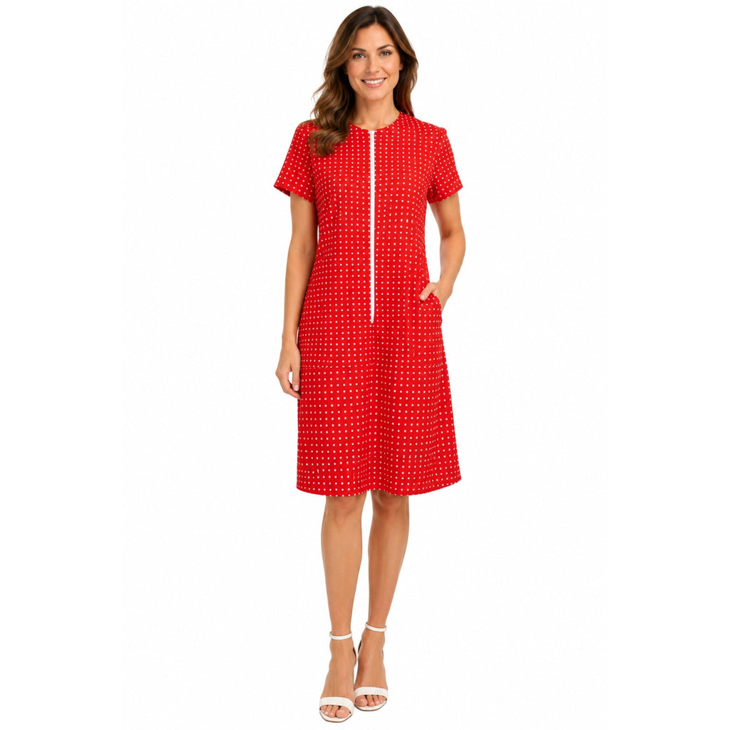 Vintage 70s Flutterbye Red Zip Front Mod Shift Dress Womens S/M 38 Bust