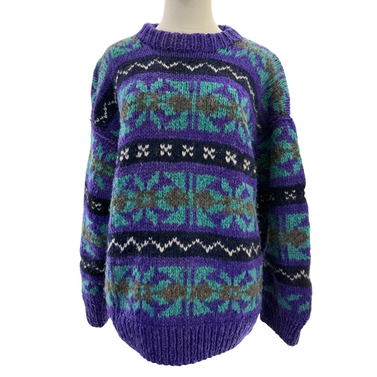 Vintage 80s Artesanias Conejo Ecuador Wool Sweater Purple Blue Women's M