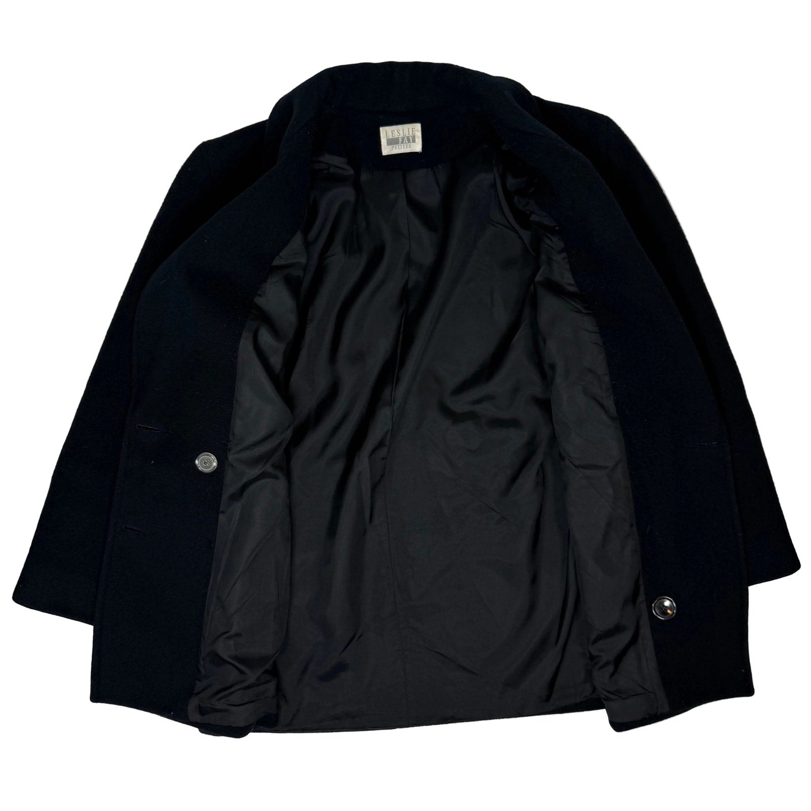 Vintage 90s Women’s Medium Leslie Fay Petites Black Wool Double Breasted Coat