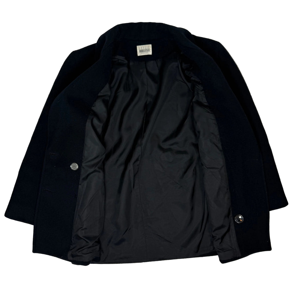 Vintage 90s Black Wool Pea Coat Double Breasted Women’s Medium Leslie Fay