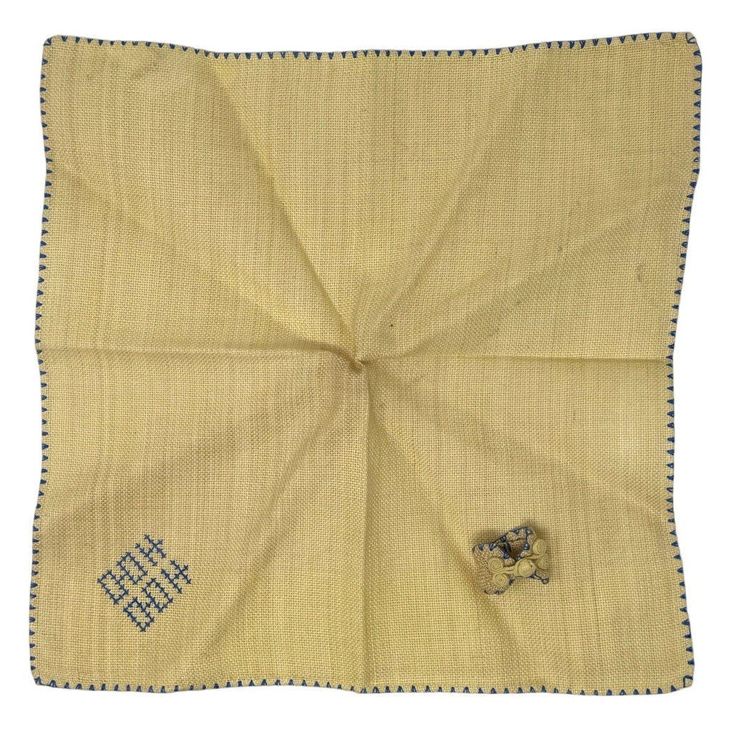 Vintage 80s Yellow Linen Napkins & Rings Set Hand Stitched Blue