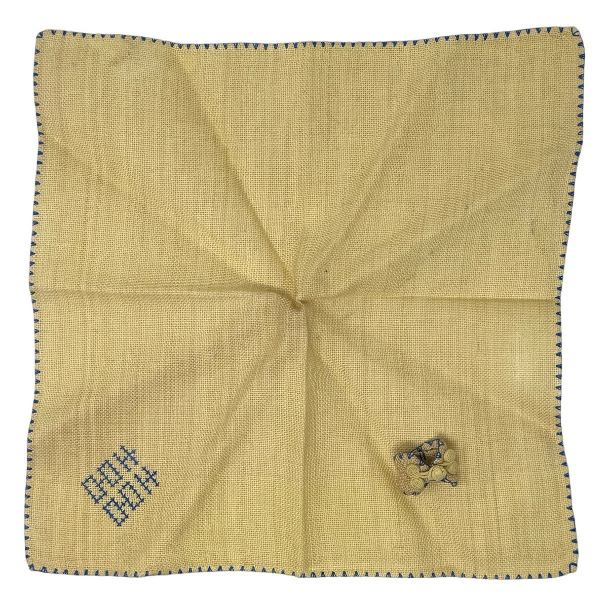 Vintage 80s Yellow Linen Napkins & Rings Set Hand Stitched Blue