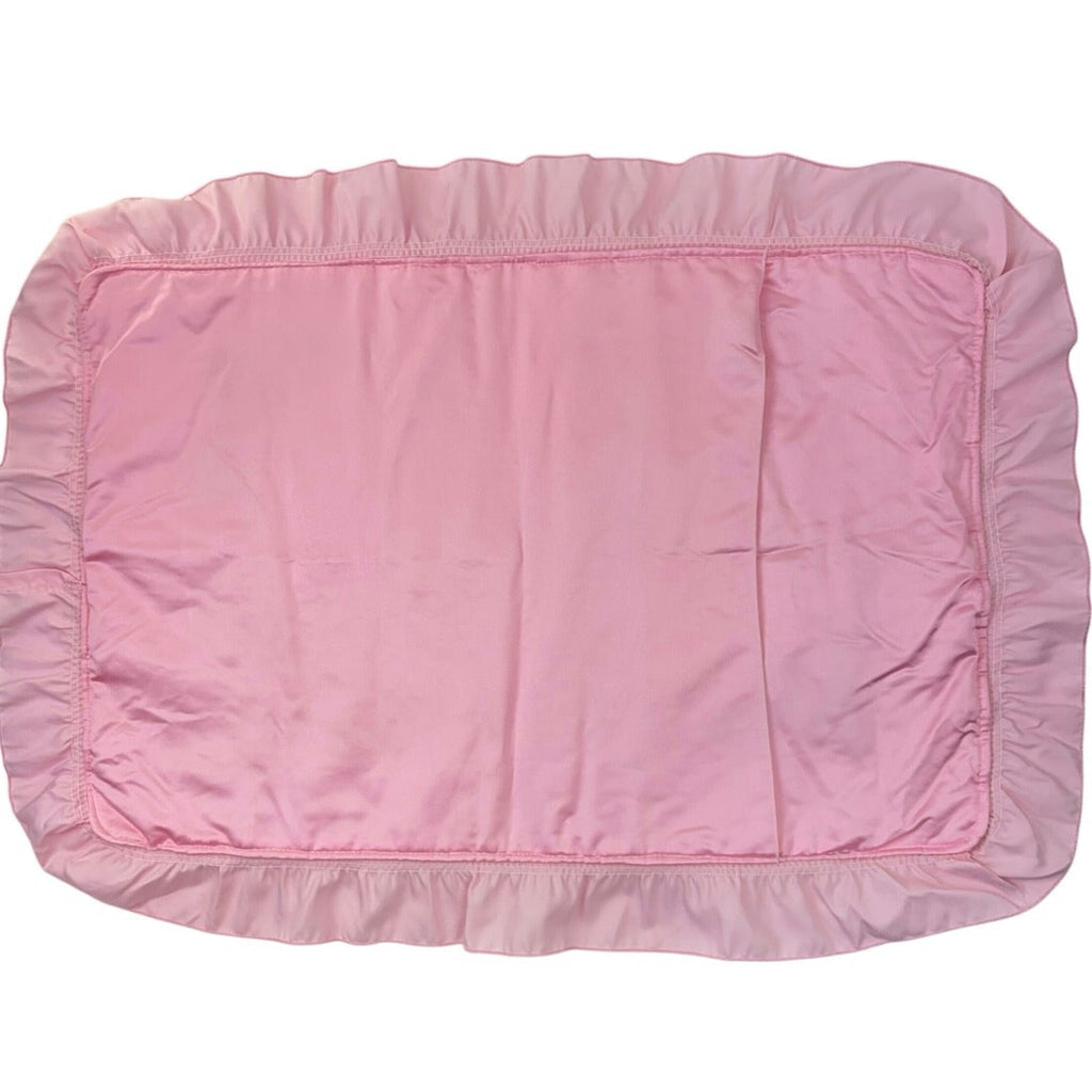 Vintage 80s Pink Satin Ruffle Pillowcase Set Embroidered Branch Korea Pair