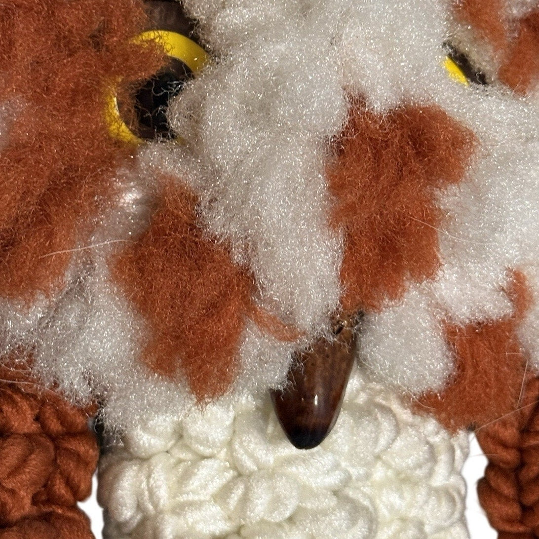 Vintage 70s Macrame Owl Wall Hanging Cream Brown MCM 27"