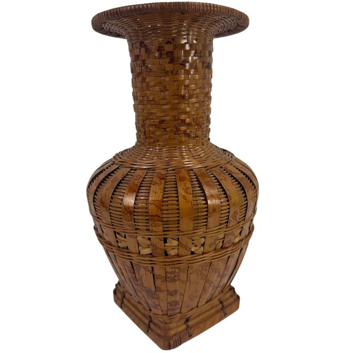 Vintage 70s Hand Woven Wicker Bamboo Bottle Vase 12 Boho MCM Decor