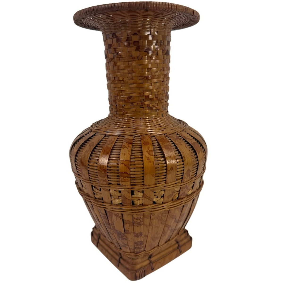 Vintage 70s Hand Woven Wicker Bamboo Bottle Vase 12" Boho MCM Decor