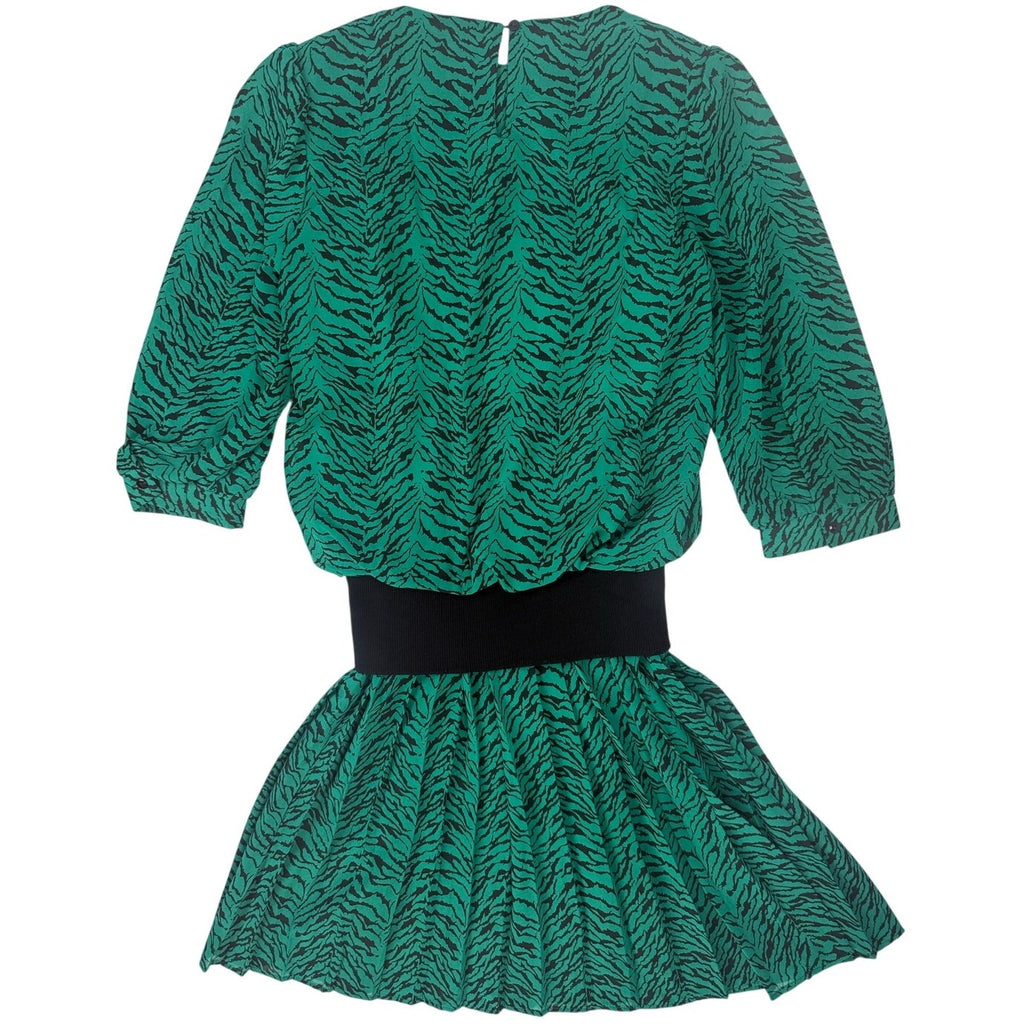 Vintage 1980s VLP Green Black Animal Print Peplum Midi Dress Size 8