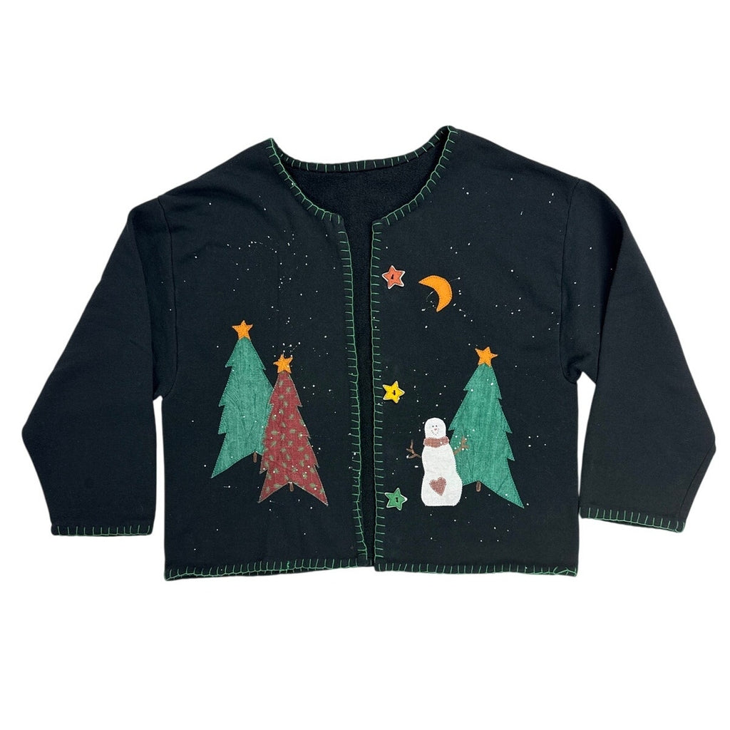 Vintage 80s Black Christmas Snowman Applique Sweatshirt Cardigan Women's Medium