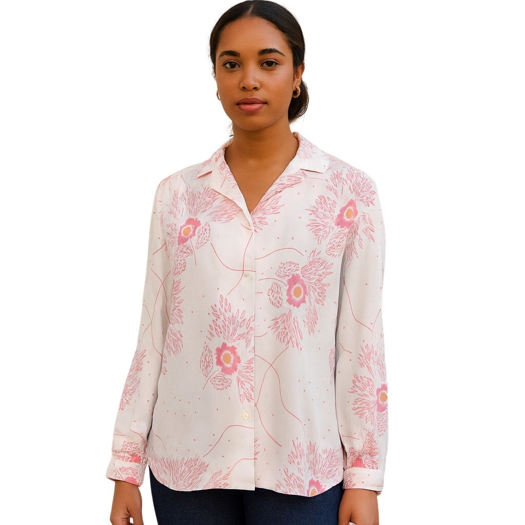 Vintage 70s Devon Pink Floral Button Front Blouse Long Sleeve Women’s S/M