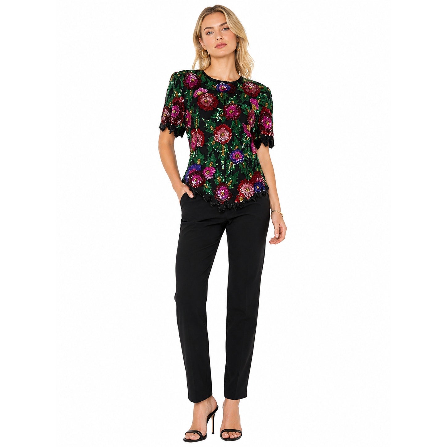 Vintage 80s Laurence Kazar PXL Silk Beaded Sequin Floral Evening Blouse