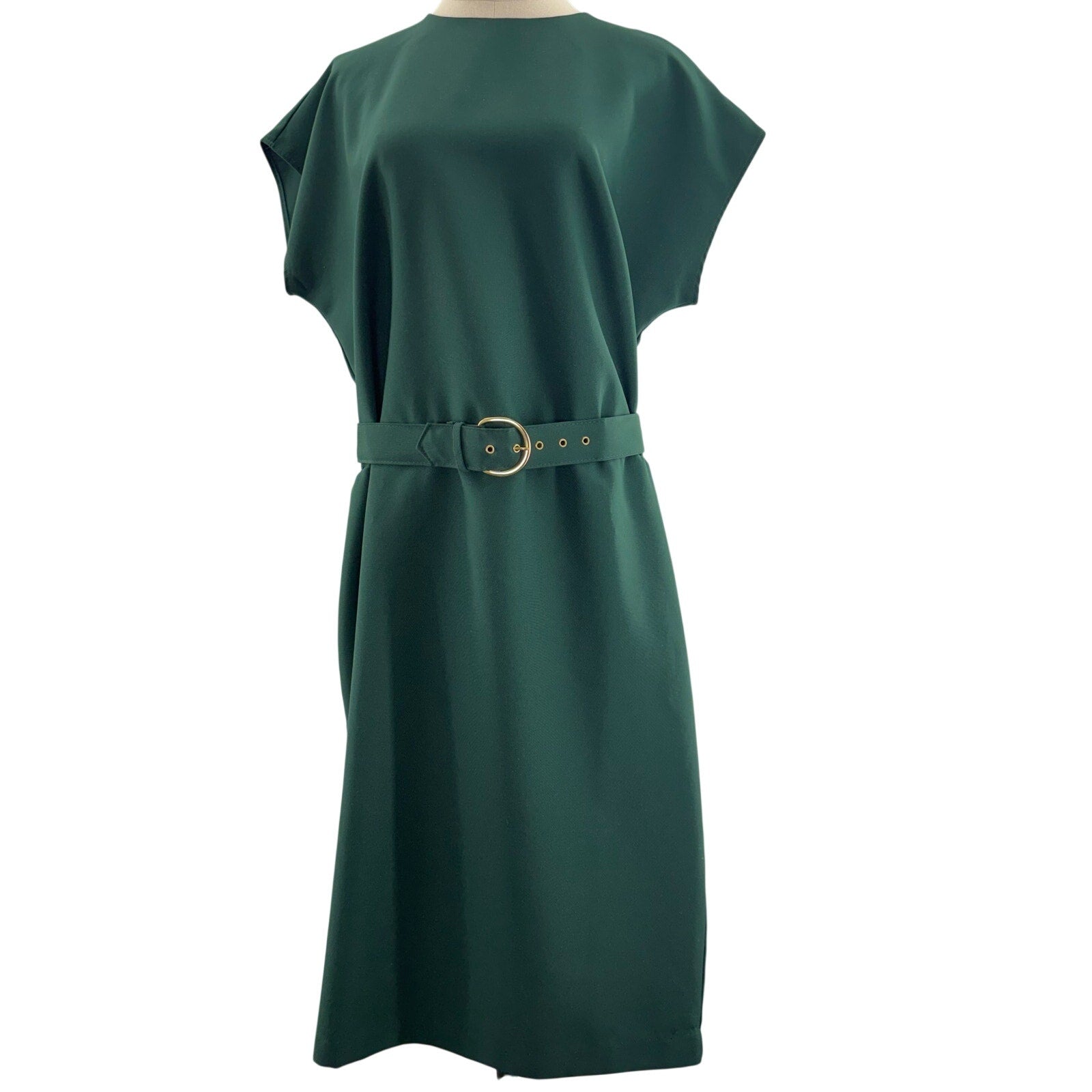 Vintage 1970s Women's 16 Hunter Green Midi Dress Gold Belt Vent Back CB