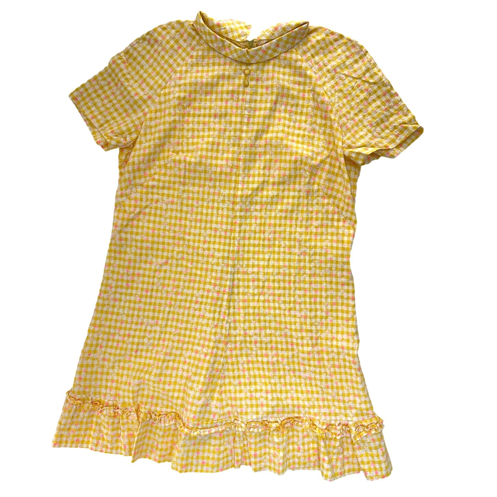 Vintage 70s Home Sewn Yellow Gingham Floral Mini Dress Ruffle Hem S