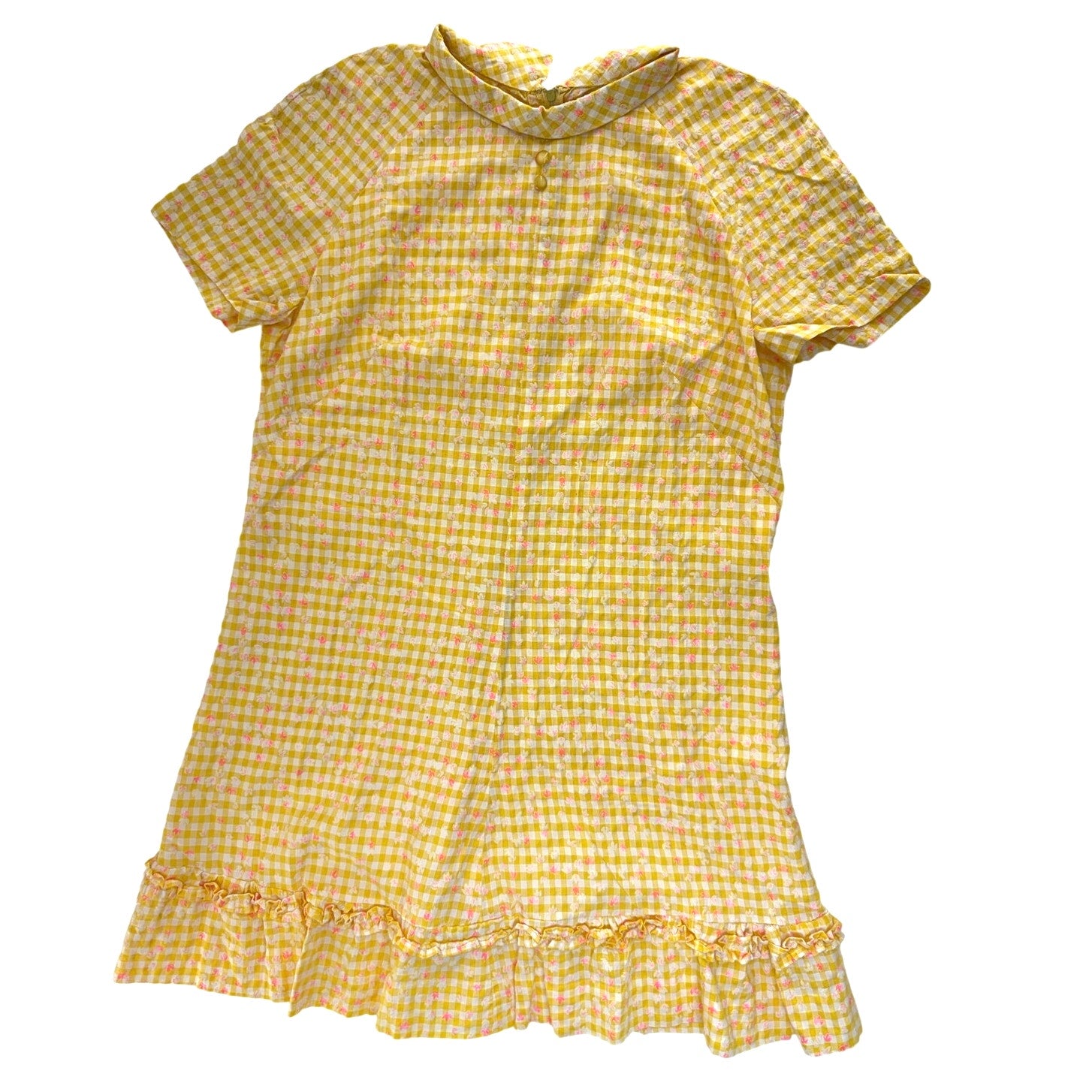 Vintage 70s Home Sewn Yellow Gingham Floral Mini Dress Ruffle Hem S