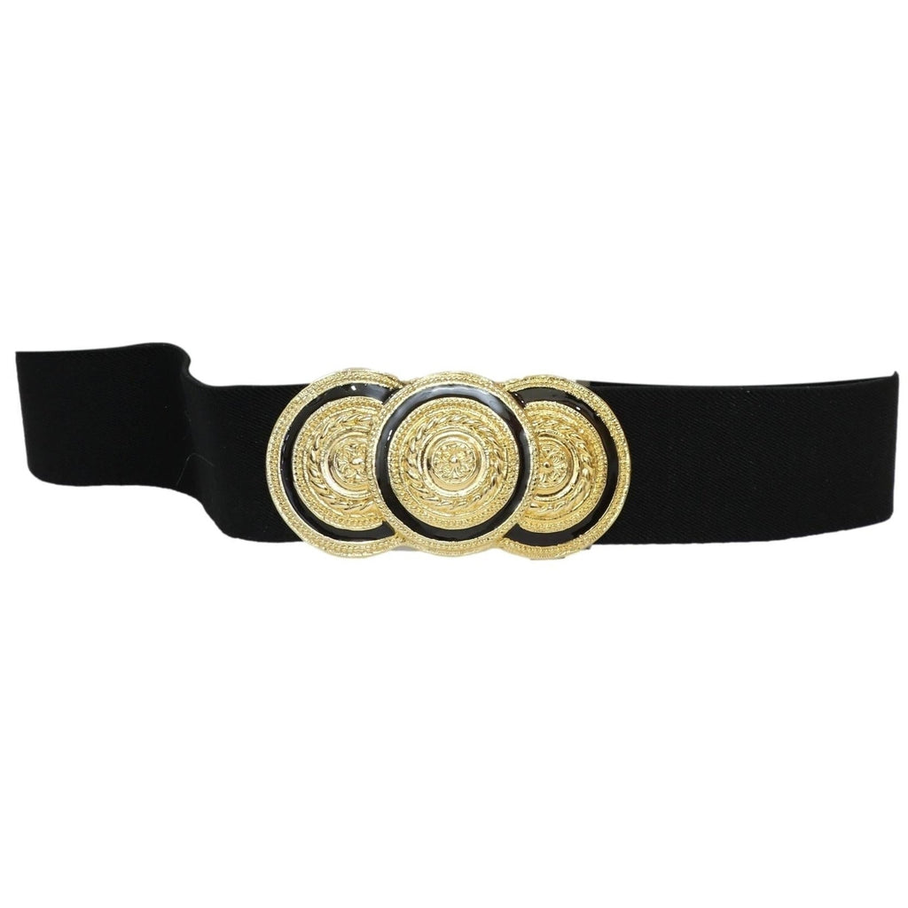 Vintage 80s Nan Lewis Navy Stretch Belt Gold Enamel Medallion Buckle